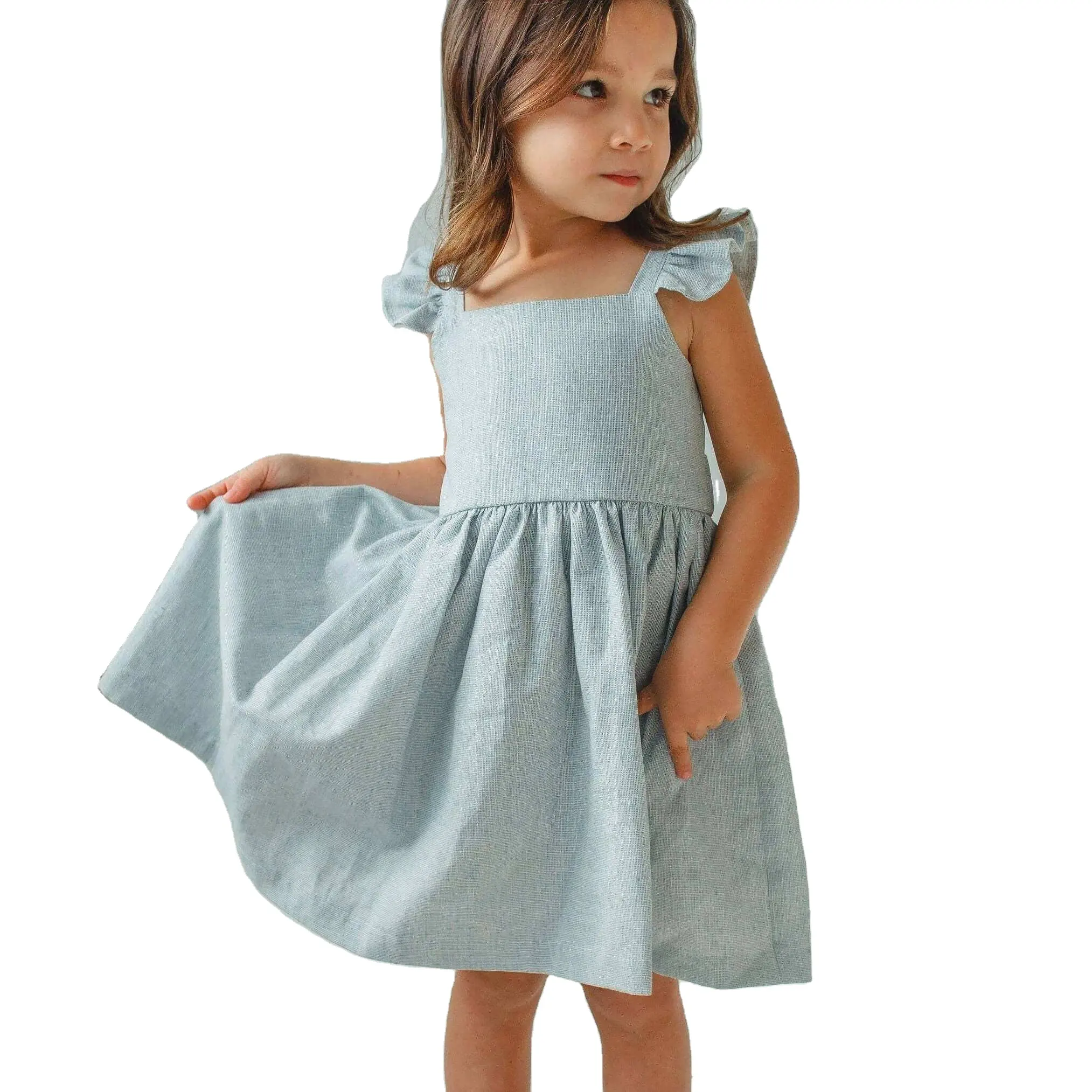 Linnen Katoenen Kinderkleding Mouwloze Witte Kleur A-Lijn Kinderjurken Voor Meisjes