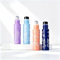 Botol Parfum Roll-on Mini Portabel 10ml, Silinder Kaca Buram dengan Ukiran, Cetak Bunga Kustom, Isi Ulang, untuk Perjalanan