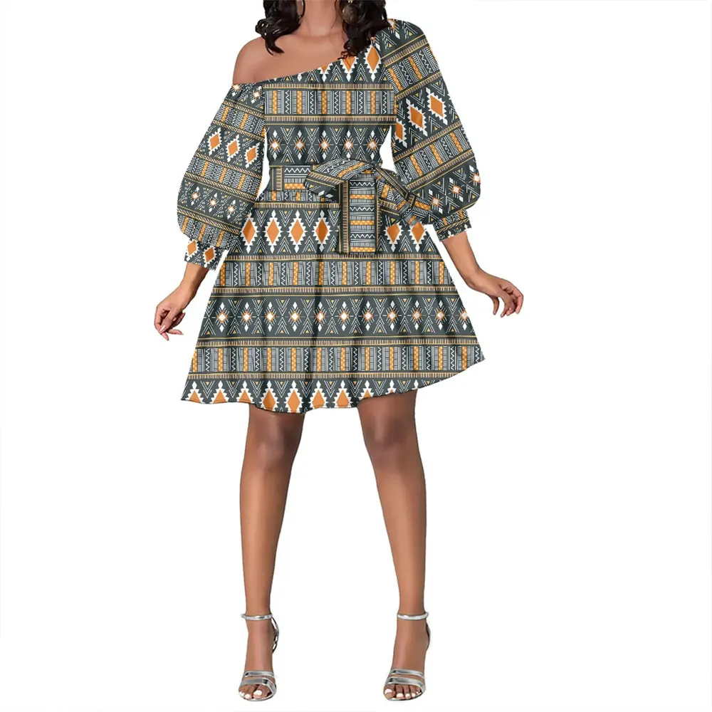 Oblique Shoulder Long Sleeved Long Dress Custom Print Fashion Women Clothing African Style Casual Dress Green Kente Pattern