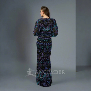 Para Jancember Elegante manga acampanada Vestidos de fiesta de noche Hecho a mano Delgado Patrón 3D Cintura natural Cristales Plumas - Product Image 2