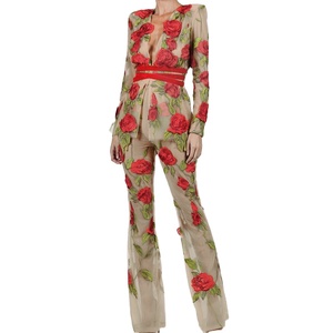 <span class=keywords><strong>Mujeres</strong></span> Sexy Floral Bordado Organza Desnudo Mono Manga Larga Bodycon Pierna Ancha Bodysuits - Product Image 1