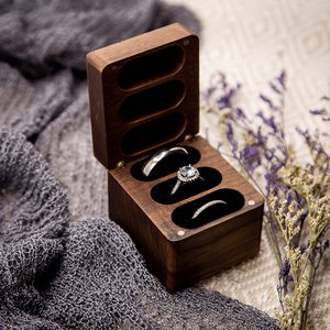 Solid Wood <b>Ring</b> <b>Box</b> Vintage Three Slot Jewelry Storage Engraved Wedding Display Case Rectangle Shape Portable Flip Top - Product Image 3