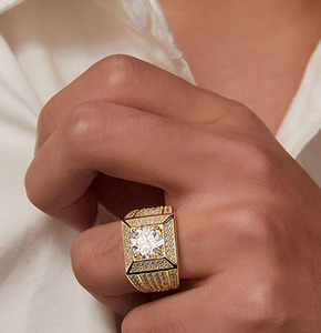 Men's 22K <b>Gold</b> Plated Moissanite <b>Cocktail</b> <b>Ring</b> Round Brilliant Cut Pave Setting Geometric Hiphop Style Everyday Wear - Product Image 5