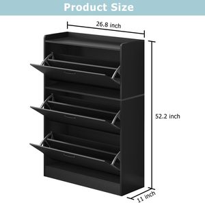 Meuble de rangement à chaussures en bois noir multicouche ultra-mince et haut, avec 3 portes coulissantes et palette en bambou - Product Image 6