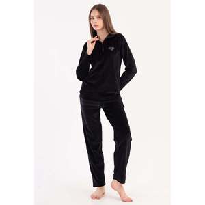 Ensemble de pyjama pour femmes avec col en velours, demi-fermeture éclair, manches longues, poche ovale, vêtements de nuit confortables - Product Image 4