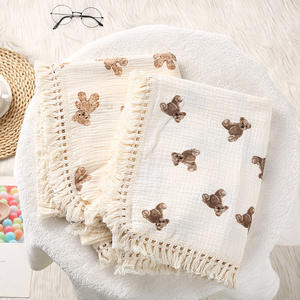 Nouveau-né couverture coton imprimé ours infantile gaze couverture emmailloter couverture doux bébé gland - Product Image 1