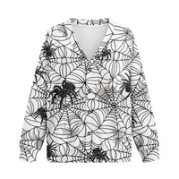 Cardigan fin en polyester gaufré pour femme, imprimé toile d'araignée par transfert thermique, col en V, manches longues, boutonné, collection automne Halloween