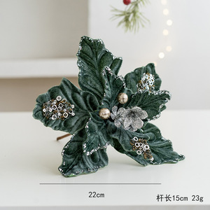 A00842 - Fleurs <span class=keywords><strong>de</strong></span> <span class=keywords><strong>Noël</strong></span> artificielles en velours vert à paillettes Poinsettia - Product Image 1