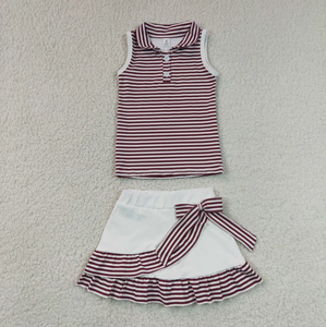 Conjunto de Falda con Volantes Blancos y Top Polo sin Mangas con Estampado de Rayas y Cuello Redondo para Niñas, Estilo Casual, Atuendo de Verano para Niños - Product Image 1