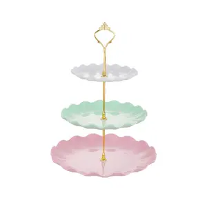 Hình dạng sóng món tráng miệng trái cây hiển thị tấm tháp trắng màu hồng màu xanh lá cây 3 Tier đám cưới sinh nhật Cupcake công cụ nhựa 3 Tier bánh đứng