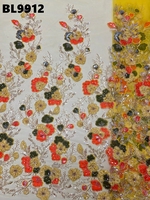 Tissu en tulle brodé floral 3D lourd, orné de perles et de sequins, idéal pour les robes de mariée et de soirée du Portugal