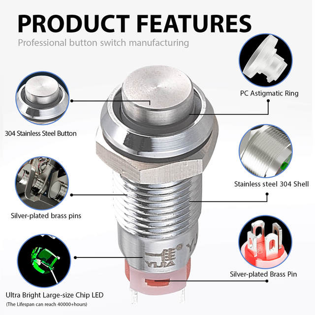 GQ8H-10E/J 8mm Ultra Small Illuminated Metal Push Button Switch 1NO Pin Terminal Compact Momentary Latching Electric Switch