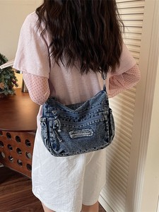 Retro Solid Color Small Sister Casual Shoulder <b>Bag</b> Female <b>College</b> Student Weekend Shopping Multi Layer Crossbody <b>Bag</b> Jeans - Product Image 5