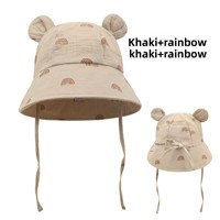 Topi Nelayan Bayi Katun Musim Dingin Baru yang Bernapas dengan Telinga Beruang Kartun Bermotif Bunga, Topi Pelindung Matahari untuk Anak Usia 0-3 Tahun