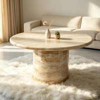 Table à manger écologique en marbre travertin beige à plateau rond et cylindre épais, 8 places, style Wabi-Sabi, pour hôtels modernes et boutiques