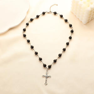 Nuova <span class=keywords><strong>Collana</strong></span> <span class=keywords><strong>Rosario</strong></span> <span class=keywords><strong>con</strong></span> Ciondolo a Croce in Metallo, Pietra di Vetro da 8mm e Onice Nero, Gioielli alla Moda per Uomo e Donna - Product Image 5