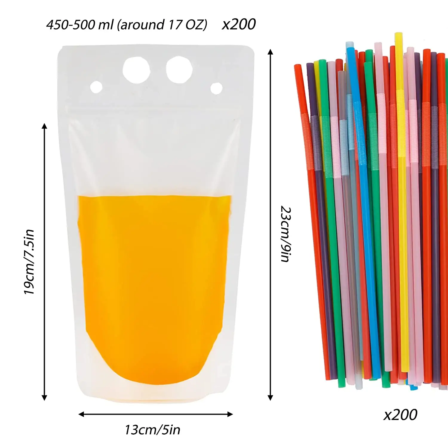 Sac en plastique transparent de haute qualité, 500ml de jus, étiquette jetable personnalisée logo 8oz paille boisson pochette