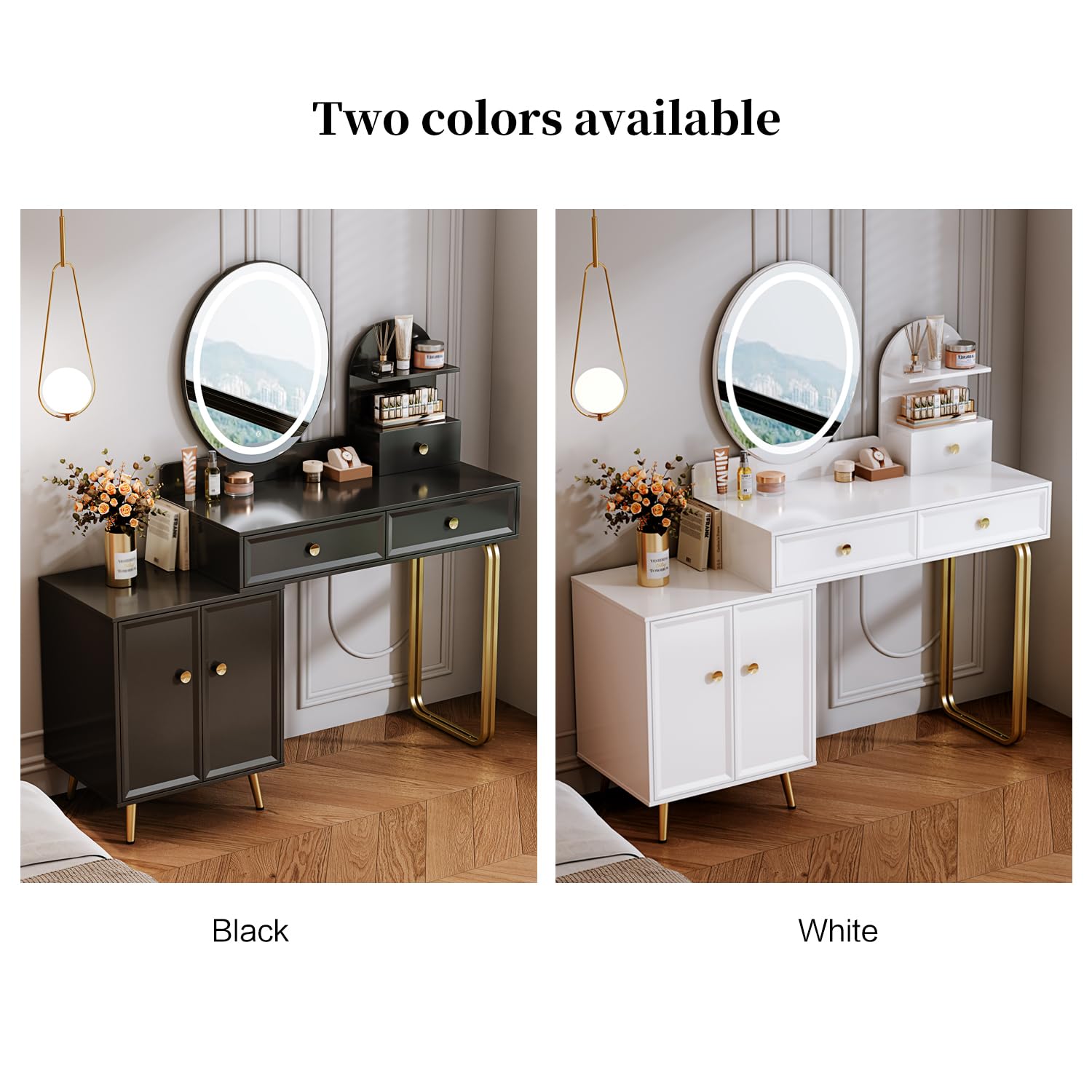 Modern Black Vanity Table with Retractable Makeup & LED Mirror Modern Black Vanity Table with Retractable Makeup & LED Mirror