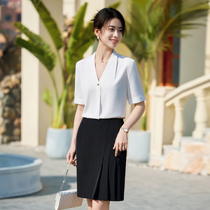 White Chiffon Satin Blouse Short Sleeve V Neck Elegant Office Shirt Women's Top Solid Color Polyester Fabric - Product Image 2