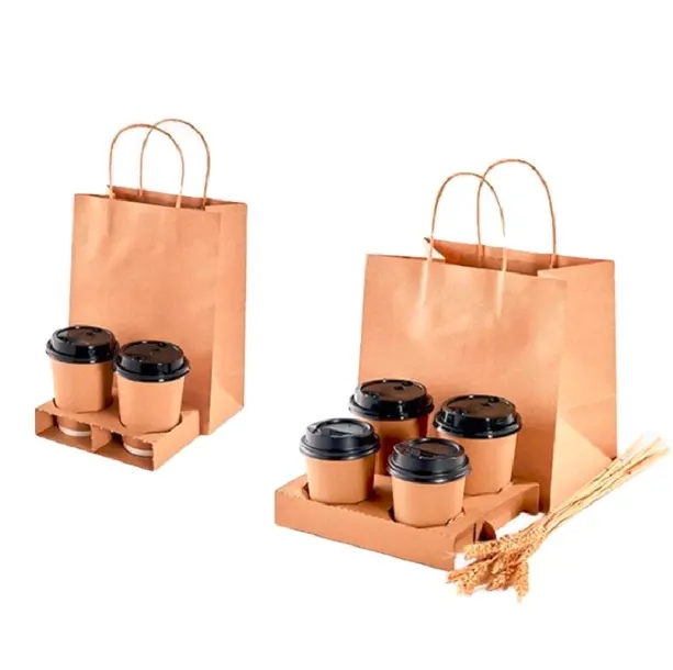 Bolsa de papel Kraft marrón con soporte para taza de papel corrugado, 1, 2 y 4 tazas de café