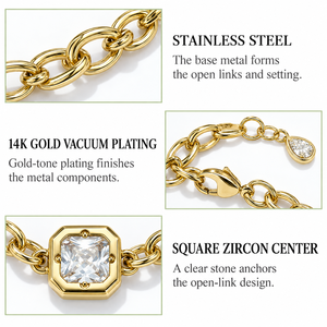 Pulsera de Cadena con Circonitas Cuadradas de Acero Inoxidable, Baño de Oro de 14K al Vacío, Eslabones Ovalados Abiertos con Centro Transparente y Gota de Pera - Product Image 4