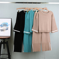 Ensemble deux pièces décontracté pour femme, style coréen, haut en viscose à manches amples et pantalon large fendu, infroissable, collection printemps