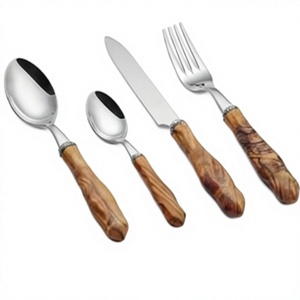 Juego de cubiertos de acero inoxidable con mangos de madera, acabado de alto brillo, apto para lavavajillas, diseño tradicional, para catering. - Product Image 1