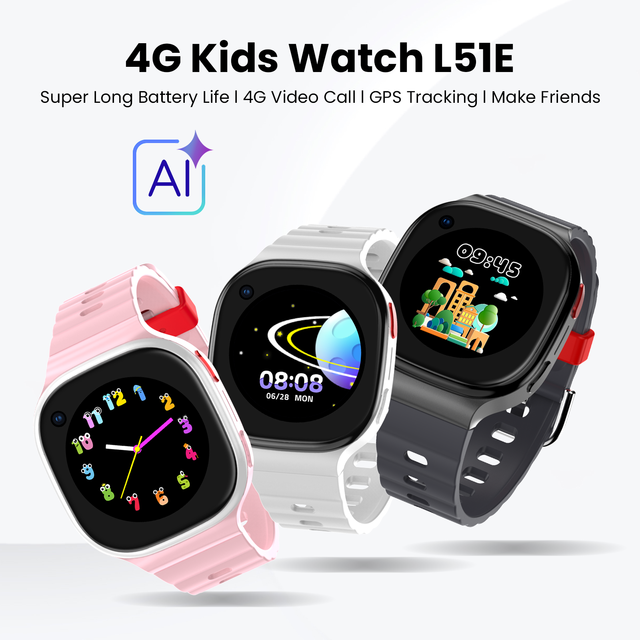LAGENIO OEM ODM L51E 4G Video Call AI Kids Smart Watch GPS+LBS+WIFI Positioning Voice Chat Alarm Clock Square Silicone Band