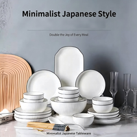 Service de vaisselle en céramique sous glaçure haute température au design minimaliste et motif rayé - Bol, assiette, cuillère, articles cadeaux