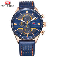 Montre chronographe sport pour homme, boîtier en or rose, bracelet en cuir bleu, affichage de la date, montre-bracelet à quartz pour cadeau