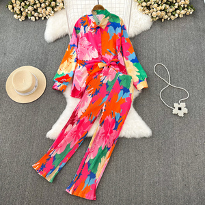Trendy Tropical Style Color Contrast Long Sleeve Shirt And Long Pants 2 Pieces Women Set