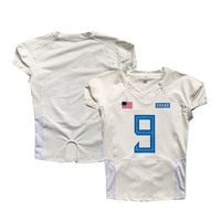 Vêtements de sport cousus de qualité supérieure en gros, maillot de football américain classique blanc et bleu, uniforme d'équipe # 33 # 9