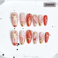 24 faux ongles à presser, forme amande, motif Noël (rennes, flocons de neige), pointe française dorée, ornements cœurs et étoiles, vente en gros