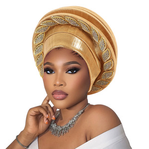 Elegante Turbante Africano Rosso Vino, Auto Gele con Decorazione a Foglia in Strass Dorati per Feste e Matrimoni - Product Image 6