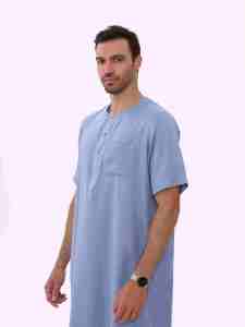 <b>Men's</b> Light Blue Cotton <b>Thobe</b> Short Sleeve Round Neck Loose Fit Ankle Length Casual Daily Wear Middle East Style - Product Image 3