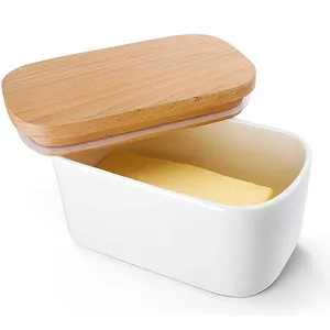 European hot sale small kitchen fruits container airtight seal butter dish porcelain with bamboo lid