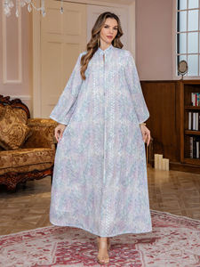 Floral Print Silk Abaya <b>Dress</b> With Stand Collar <b>Long</b> Sleeve Floor Length Modest Style <b>For</b> Women Daily Wear sequin stitching - Product Image 2