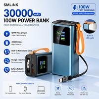 Batterie externe 30000mAh 100W Chargeur rapide portable avec câble rétractable Batterie haute capacité pour ordinateur portable Smartphone Montre connectée OEM