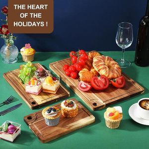 Acacia Wood Cutting Board <b>Set</b> 6 Pcs Rectangle Kitchen Food Prep Board With Juice Groove Double Sided Natural Wood Color - Product Image 2