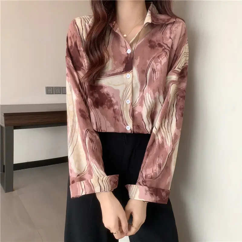 2024 Wholesale loose new tops elegant versatile sweet shirt lazy wind tie-dye long-sleeved blouse