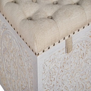 Hand-Carved Storage Ottoman Bench -Tufted Fabric Top Bed- End Chest- White Washed Solid Wood Entryway Trunk - Shabby Chic Carved - Product Image 3