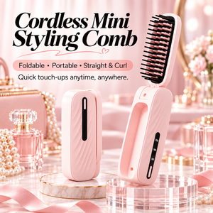 <b>Cordless</b> Mini Styling Comb Foldable <b>Hair</b> Straightener and <b>Curler</b> USB Rechargeable Portable Heated Brush for Travel - Product Image 1