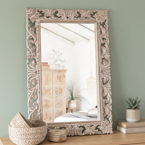 White Rosewood Contemporary <b>Rectangular</b> Ornamental Carved Eco-friendly <b>Mirror</b> | Handcrafted <b>Wall</b> <b>Mirror</b> for Wholesale - Product Image 2