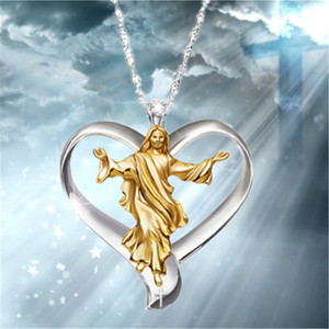 Collier pendentif en forme de cœur de Jésus en alliage de zinc bicolore, bijou religieux - Product Image 3