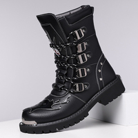 Botas de Motocicleta de Media Pantorrilla para Hombre, Diseño Nuevo, de Cuero PU, con Múltiples Hebillas Metálicas, Puntera de Acero, Antideslizantes, con Suela de Goma Gruesa, para Exteriores