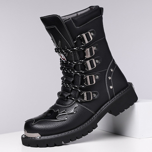 Nouvelles Bottes de Moto Mi-Mollet en Cuir PU pour Hommes, avec Multiples Boucles Métalliques, Embout en Acier, Antidérapantes, Semelle Épaisse en Caoutchouc, Bottes d'Extérieur Montantes - Product Image 1