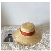 Topi Jerami Wanita Model Hepburn Bertepi Lebar, Anyaman Jerami Alami, Model Flat Top Vintage, Topi Pantai Musim Panas