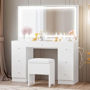 Coiffeuse de style récent avec miroir et éclairage LED lumineux avec 7 tiroirs et étagères Prise électrique pour chambre à coucher Blanc - Product Image 1