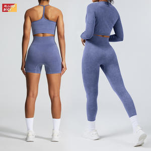 Ensemble de sport transfrontalier pour femme : Legging de yoga taille haute sans couture et haut court à manches longues, couleur unie, côtelé, pour le fitness - Product Image 2