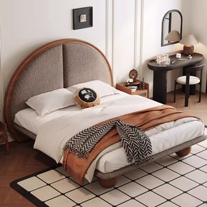 Giường ngủ phong cách Retro Wabi-Sabi bọc vải len cừu, đầu giường hình bán nguyệt với chất liệu lông cừu mềm mại & chân giường bằng gỗ hình cầu - Product Image 5